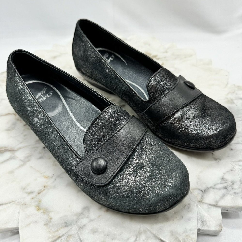 Dansko Womens Sz 7 Olena Flat Slip On Comfort Loafers Black Shimmer Casual Shoes